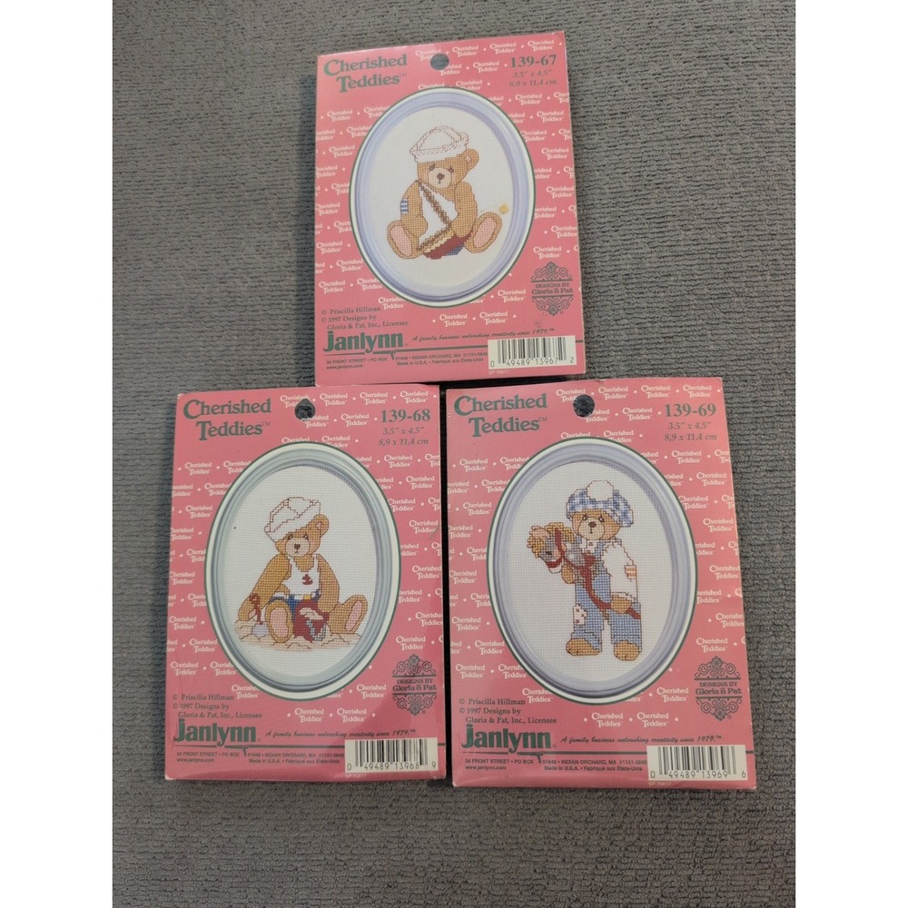 Lot of 3 Janlynn Cross Stitch Kits 1997 Cherished Teddies Bear #139-67,68,69 NEW
